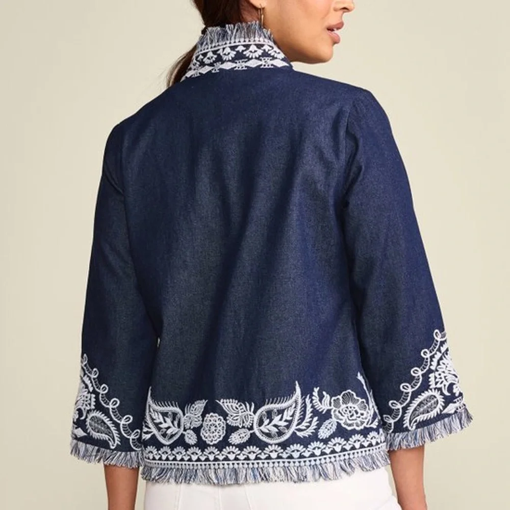 Soft Surroundings Mesaria Jacket Embroidered‎ Dark Denim Open Front Large 2GN81